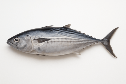 عکس باکیفیت ماهی اسکیپ جک تن کامل با پس‌زمینه سفید برای وب‌سایت تأمین‌کننده مواد اولیه کنسرو تن ماهی